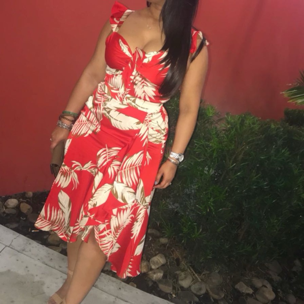 Lucy Paris Red and Cream Leaf Print Midi Dress